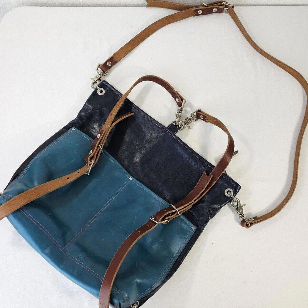 Alexis Drake Shoulder Bag Backpack 2 Tone Blue Leather Designer Handbag 13" - Picture 10 of 15